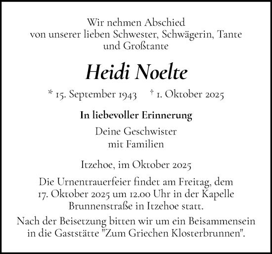 Traueranzeige von Heidi Noelte von Norddeutsche Rundschau, Wilstersche Zeitung, Glückstädter Fortuna