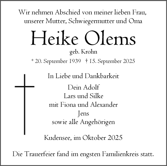 Traueranzeige von Heike Olems von Norddeutsche Rundschau, Wilstersche Zeitung, Glückstädter Fortuna