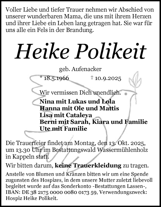 Traueranzeige von Heike Polikeit von Schleswiger Nachrichten, Schlei-Bote