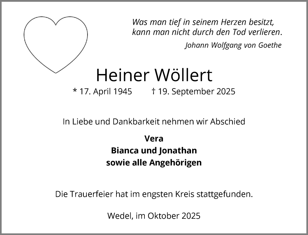 Traueranzeige für Heiner Wöllert vom 11.10.2025 aus Wedel-Schulauer Tageblatt, tip Wedel-Schulauer Tageblatt, tip Rissener Rundschau