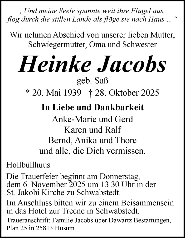  Traueranzeige für Heinke Jacobs vom 01.11.2025 aus Husumer Nachrichten, Nordfriesland Tageblatt