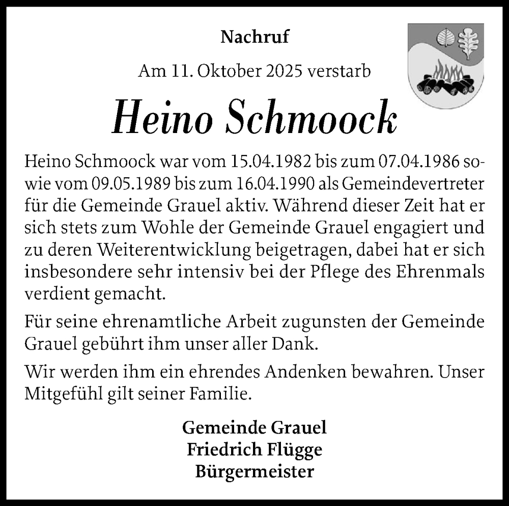  Traueranzeige für Heino Schmoock vom 18.10.2025 aus Schleswig-Holsteinische Landeszeitung
