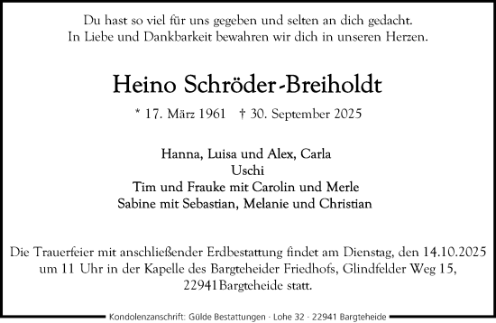 Traueranzeige von Heino Schröder-Breiholdt von MARKT Ahrensburg/Bargteheide/Trittau und Stormarner Tageblatt