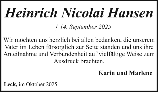 Traueranzeige von Heinrich Nicolai Hansen von Husumer Nachrichten, Nordfriesland Tageblatt