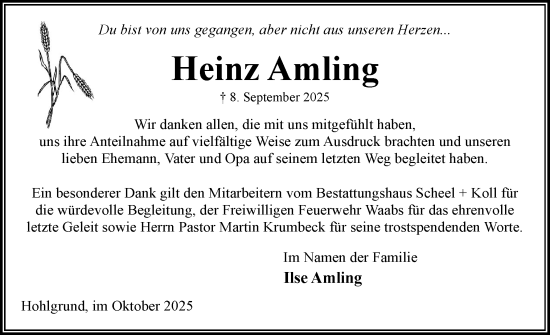 Traueranzeige von Heinz Amling von Eckernförder Zeitung, Hallo Eckernförde