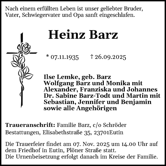 Traueranzeige von Heinz Barz von Ostholsteiner Anzeiger