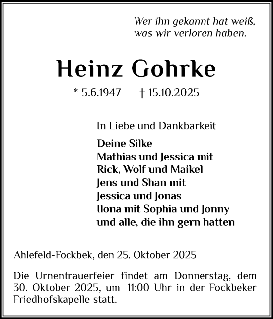 Traueranzeige von Heinz Gohrke von Schleswig-Holsteinische Landeszeitung