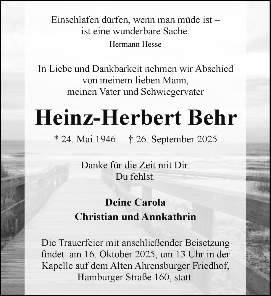  Traueranzeige für Heinz-Herbert Behr vom 11.10.2025 aus MARKT Ahrensburg/Bargteheide/Trittau und Stormarner Tageblatt