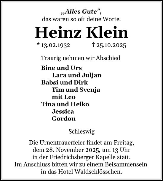 Traueranzeige von Heinz Klein von Schleswiger Nachrichten, Schlei-Bote