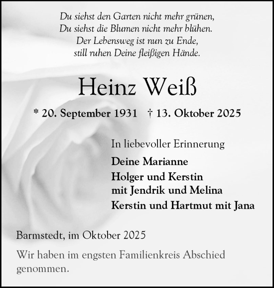 Traueranzeige von Heinz Weiß von Elmshorner Nachrichten, Barmstedter Zeitung