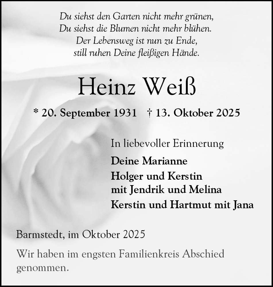  Traueranzeige für Heinz Weiß vom 01.11.2025 aus Elmshorner Nachrichten, Barmstedter Zeitung