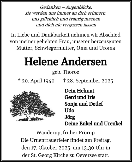 Traueranzeige von Helene Andersen von Flensburger Tageblatt
