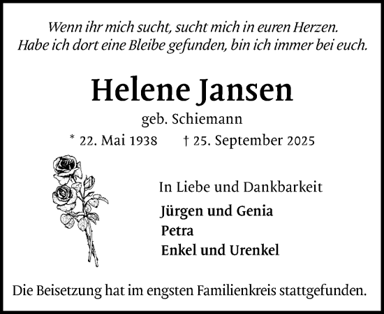 Traueranzeige von Helene Jansen von Uetersener Nachrichten, Der tip am Wochenende