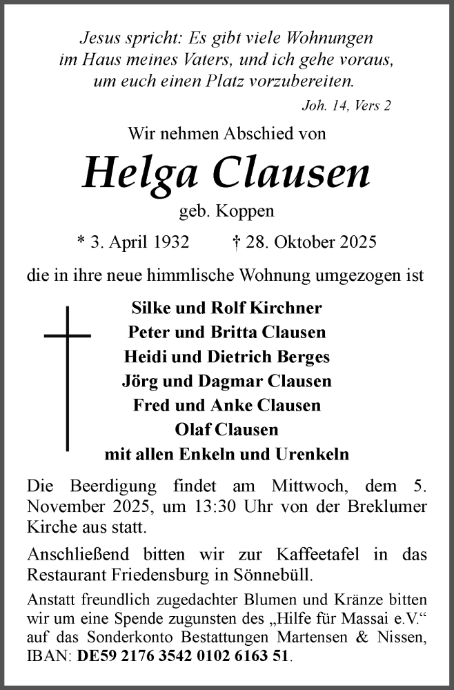 Traueranzeige für Helga Clausen vom 01.11.2025 aus Husumer Nachrichten, Nordfriesland Tageblatt