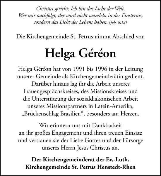 Traueranzeige von Helga Géréon von Umschau