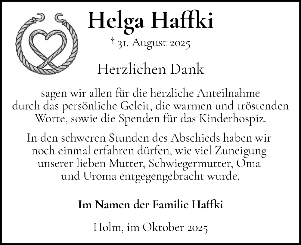  Traueranzeige für Helga Haffki vom 04.10.2025 aus Wedel-Schulauer Tageblatt, tip Wedel-Schulauer Tageblatt, tip Rissener Rundschau