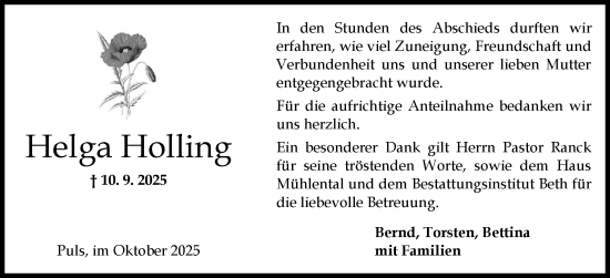 Traueranzeige von Helga Holling von Norddeutsche Rundschau, Wilstersche Zeitung, Glückstädter Fortuna