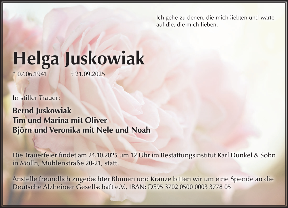  Traueranzeige für Helga Juskowiak vom 11.10.2025 aus MARKT Ratzeburg/Mölln
