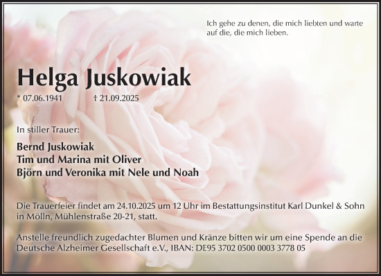 Traueranzeige von Helga Juskowiak von MARKT Ratzeburg/Mölln