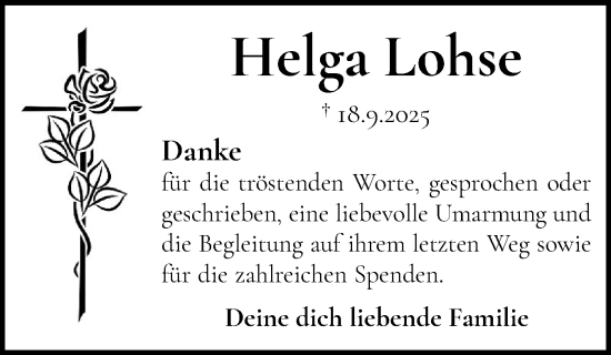 Traueranzeige von Helga Lohse von Schleswiger Nachrichten, Schlei-Bote