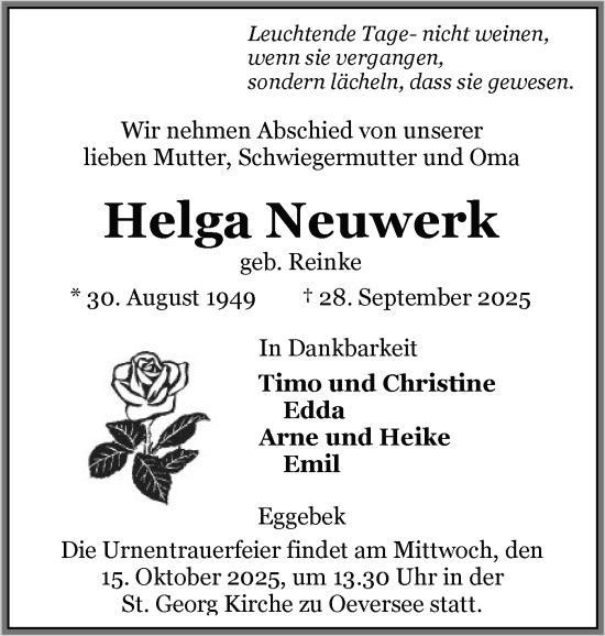 Traueranzeige von Helga Neuwerk von Flensburger Tageblatt