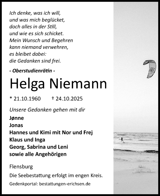 Traueranzeige von Helga Niemann von Flensburger Tageblatt