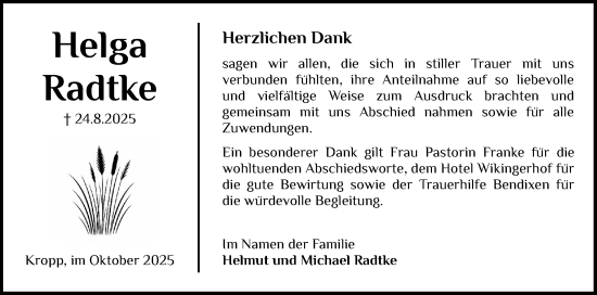 Traueranzeige von Helga Radtke von Schleswig-Holsteinische Landeszeitung