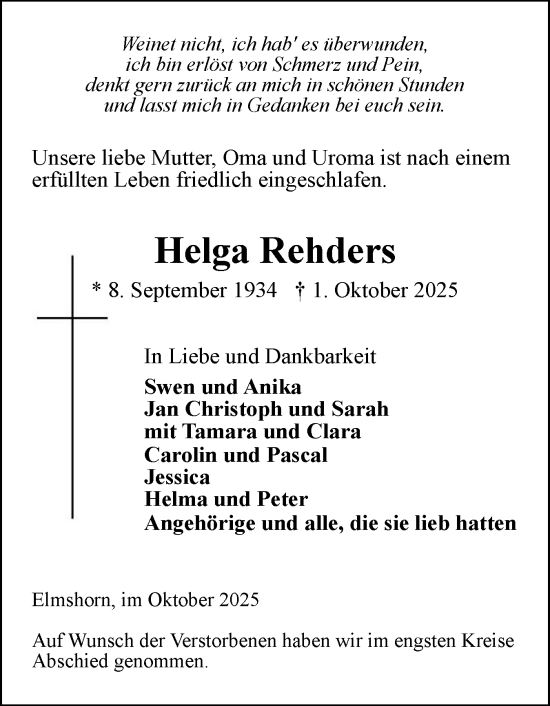 Traueranzeige von Helga Rehders von Elmshorner Nachrichten, Barmstedter Zeitung