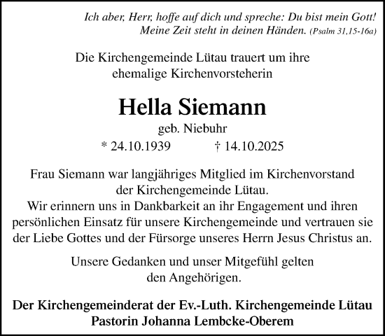 Traueranzeige von Hella Siemann von Wochenend Anzeiger