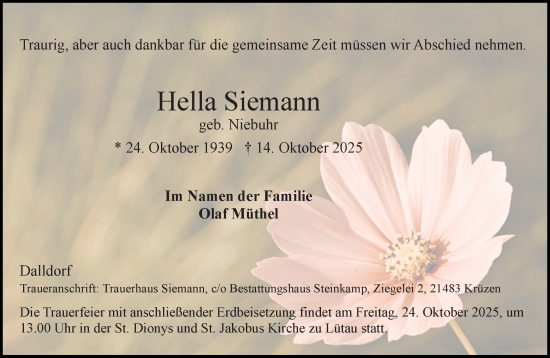 Traueranzeige von Hella Siemann von Wochenend Anzeiger