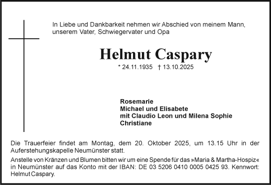 Traueranzeige von Helmut Caspary von Holsteinischer Courier