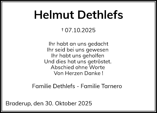 Traueranzeige von Helmut Dethlefs von Sylter Rundschau