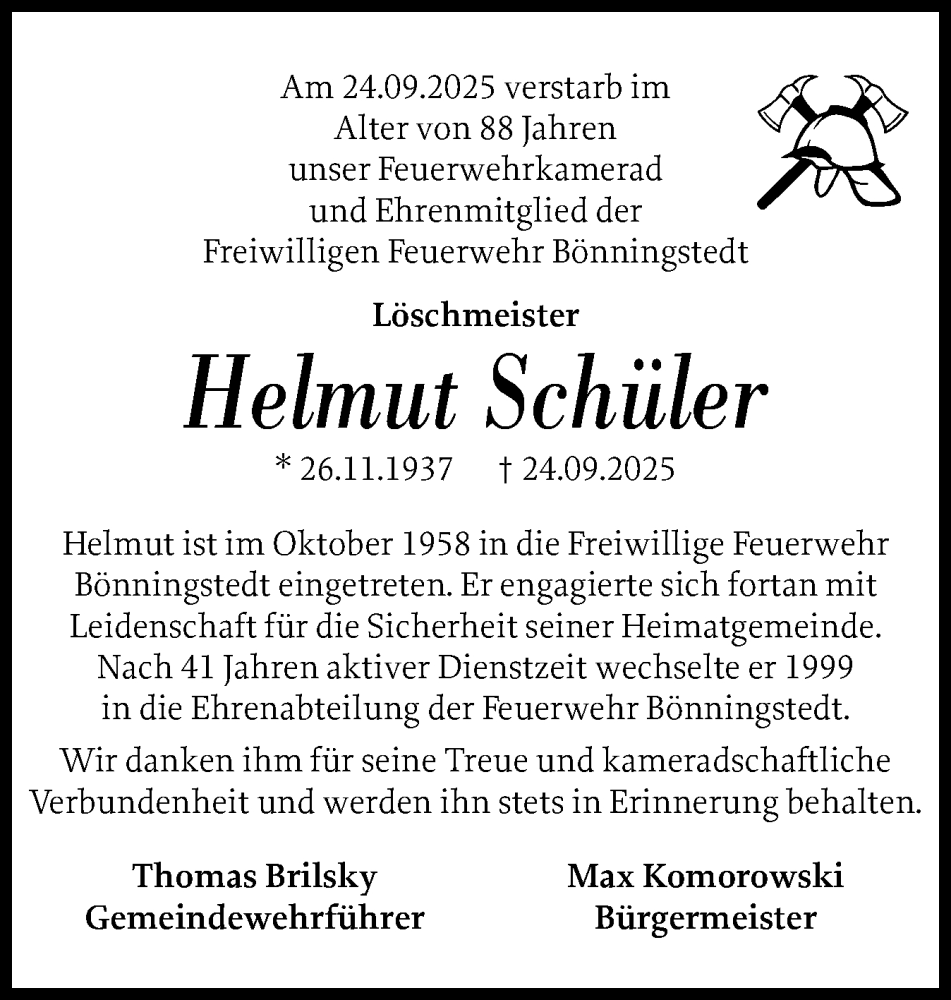  Traueranzeige für Helmut Schüler vom 01.11.2025 aus Region Pinneberg und tip Pinneberg