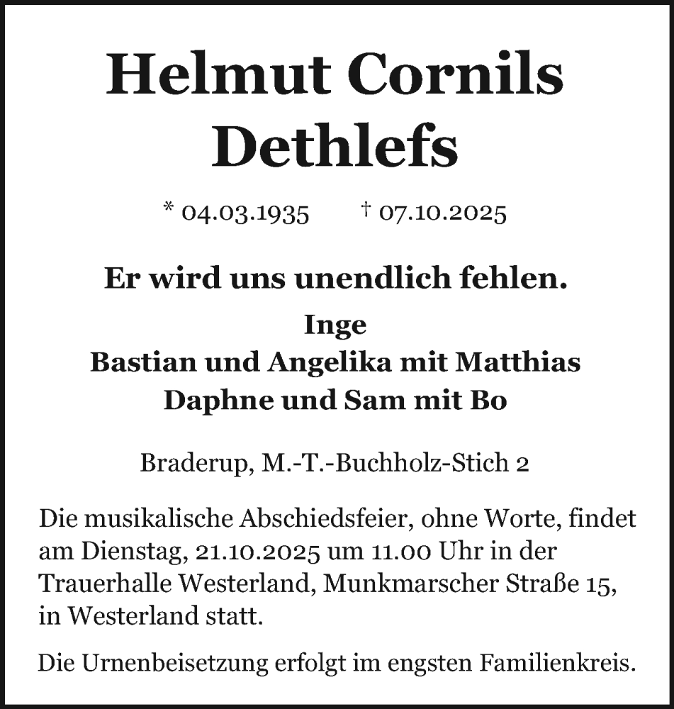  Traueranzeige für Helmut Cornils   vom 14.10.2025 aus Schleswigholsteiner Zeitung Trauer