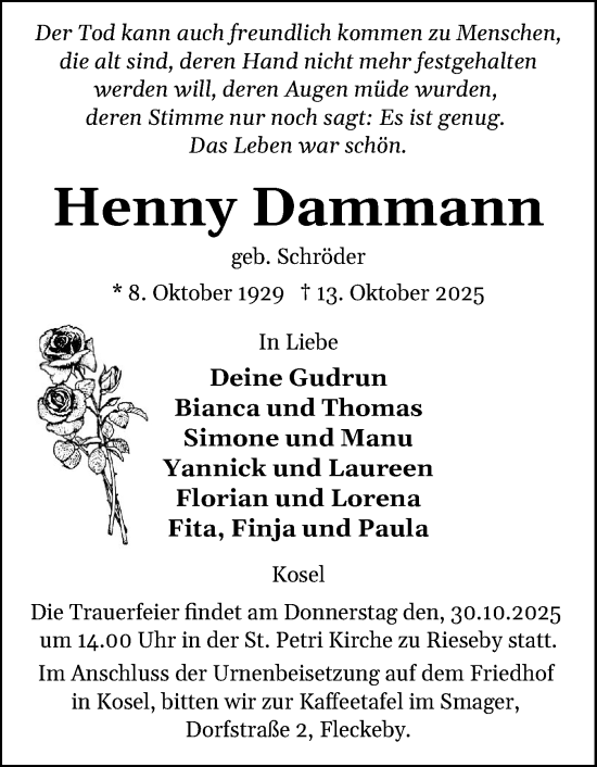 Traueranzeige von Henny Dammann von Eckernförder Zeitung, Hallo Eckernförde