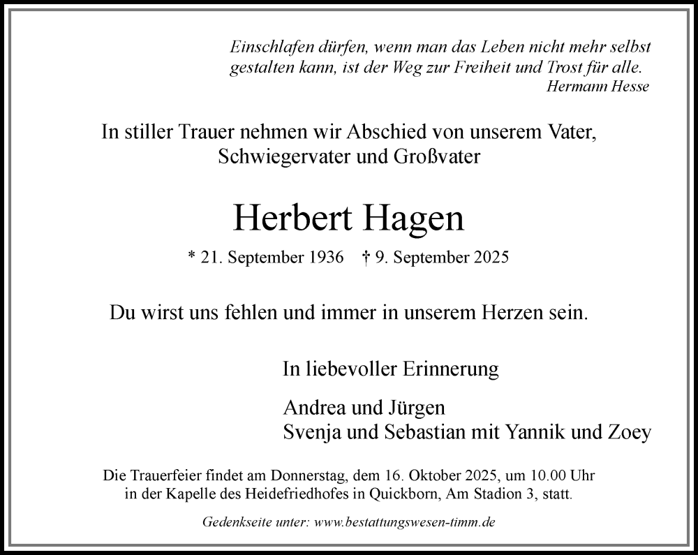 Traueranzeige für Herbert Hagen vom 04.10.2025 aus Umschau