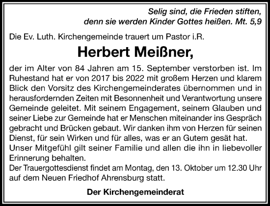 Traueranzeige von Herbert Meißner von MARKT Ahrensburg/Bargteheide/Trittau und Stormarner Tageblatt