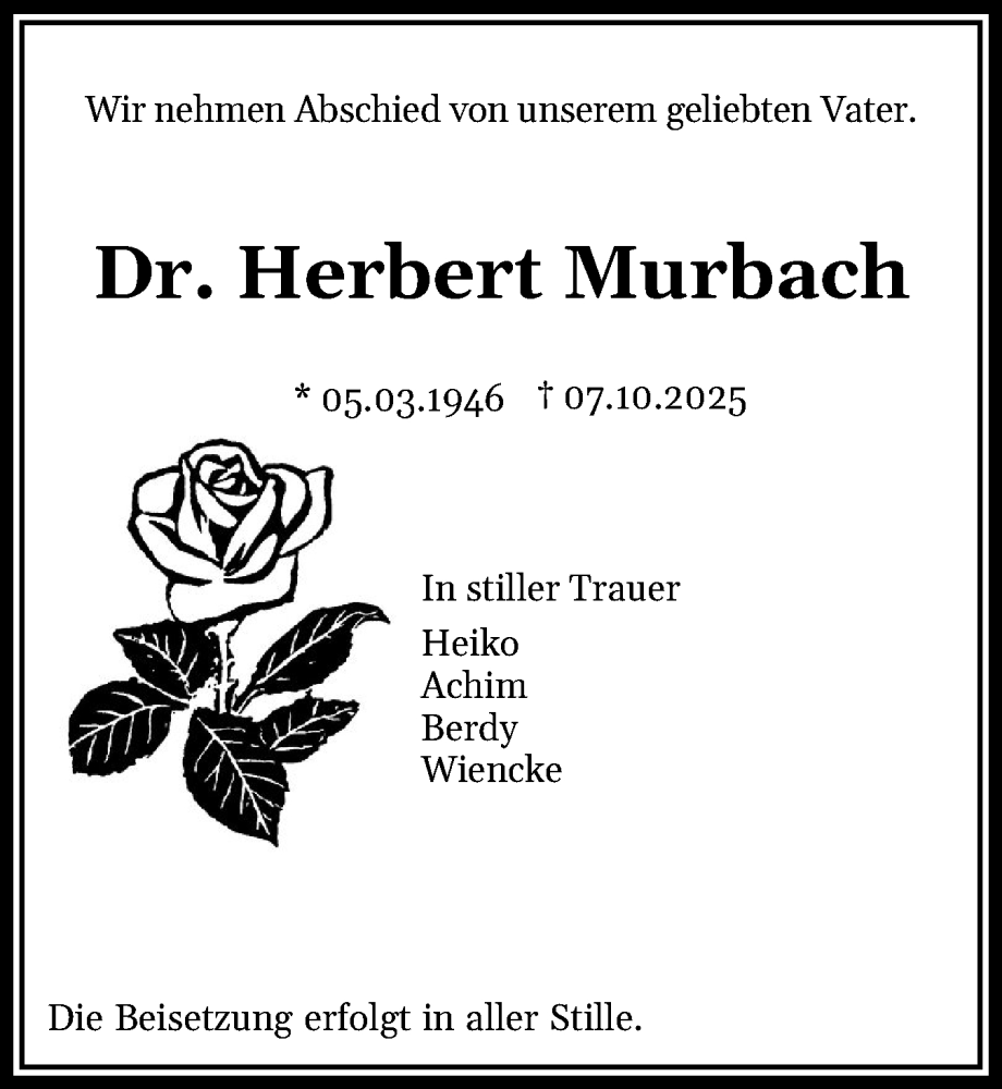  Traueranzeige für Herbert Murbach vom 24.10.2025 aus Flensburger Tageblatt