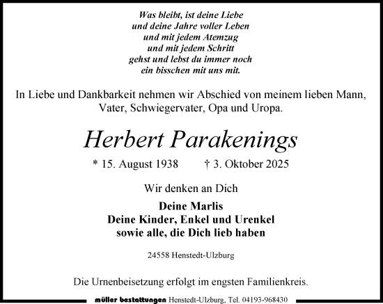 Traueranzeige von Herbert Parakenings von Umschau
