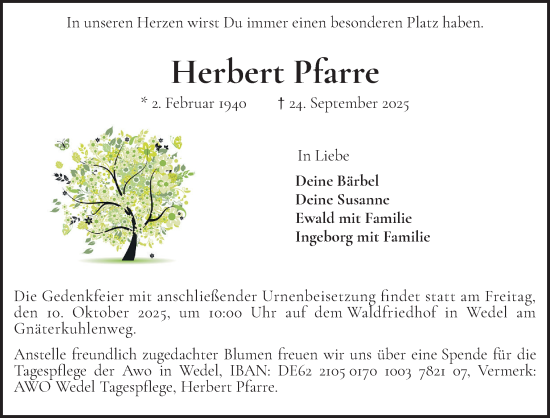 Traueranzeige von Herbert Pfarre von Wedel-Schulauer Tageblatt, tip Wedel-Schulauer Tageblatt, tip Rissener Rundschau
