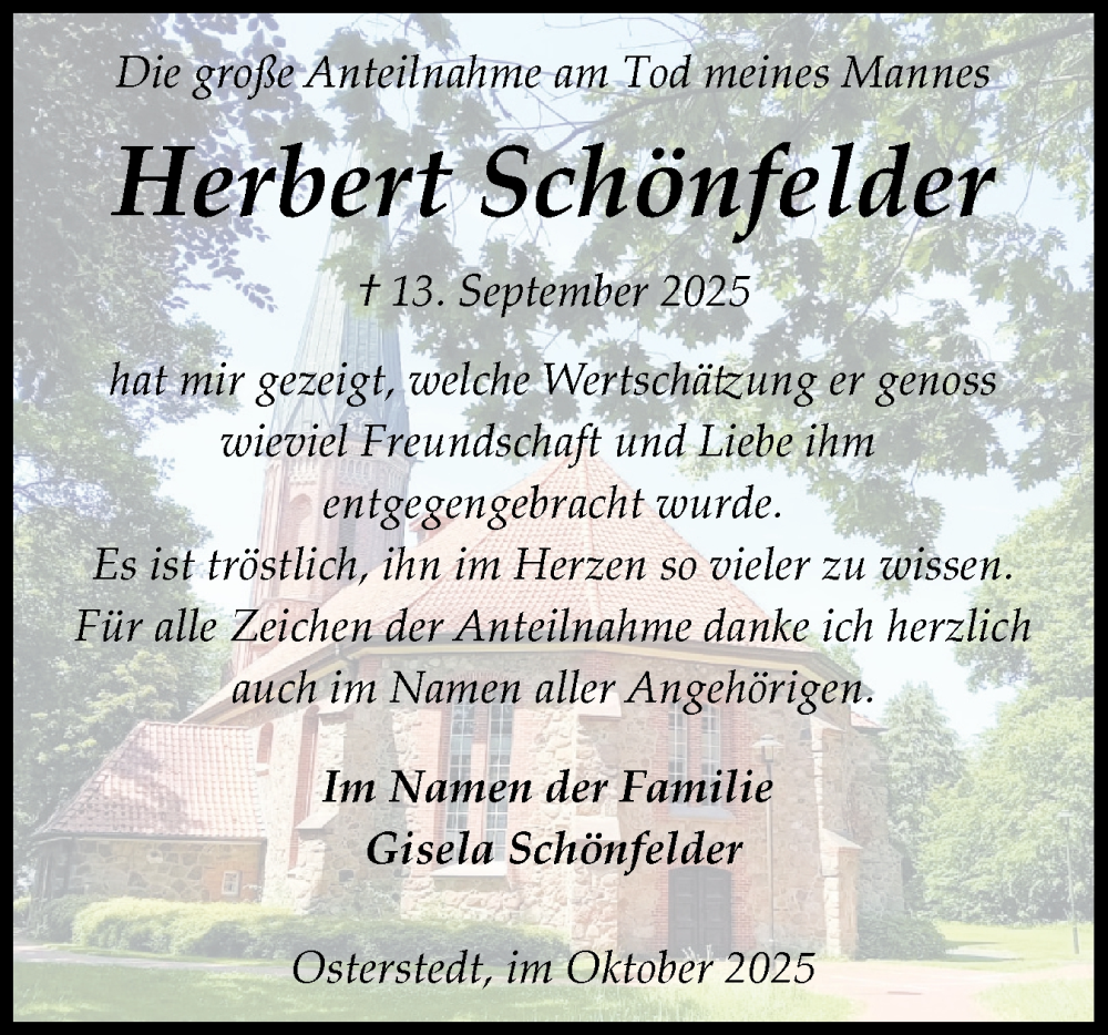  Traueranzeige für Herbert Schönfelder vom 11.10.2025 aus Schleswig-Holsteinische Landeszeitung