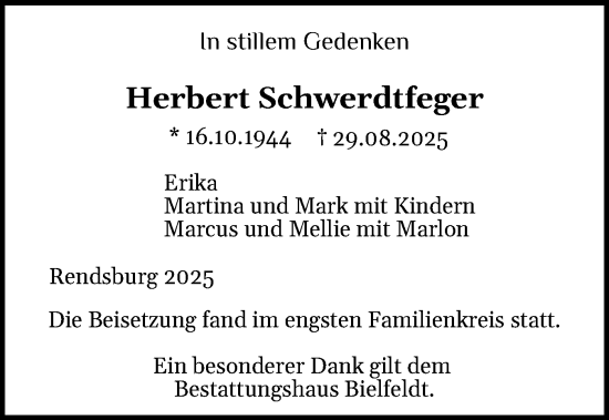 Traueranzeige von Herbert Schwerdtfeger von Schleswig-Holsteinische Landeszeitung