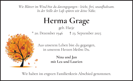 Traueranzeige von Herma Grage von Wedel-Schulauer Tageblatt, tip Wedel-Schulauer Tageblatt, tip Rissener Rundschau
