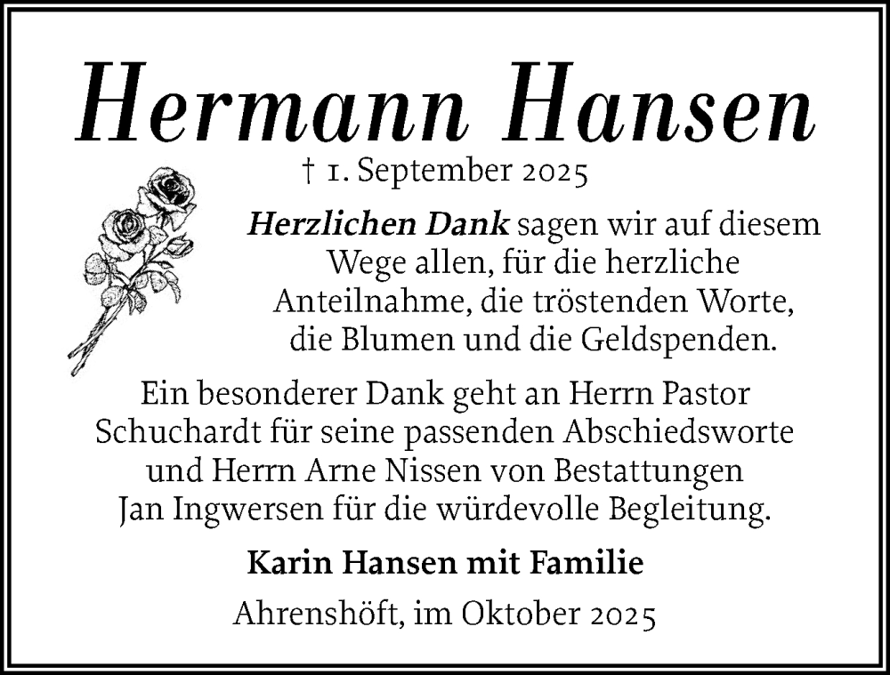 Traueranzeige für Hermann Hansen vom 10.10.2025 aus Husumer Nachrichten, Nordfriesland Tageblatt