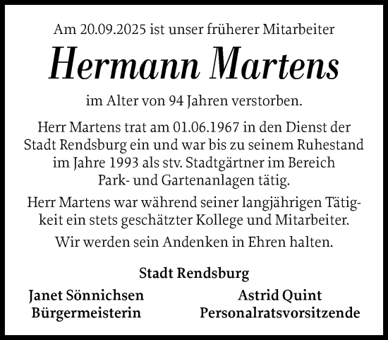 Traueranzeige von Hermann Martens von Schleswig-Holsteinische Landeszeitung