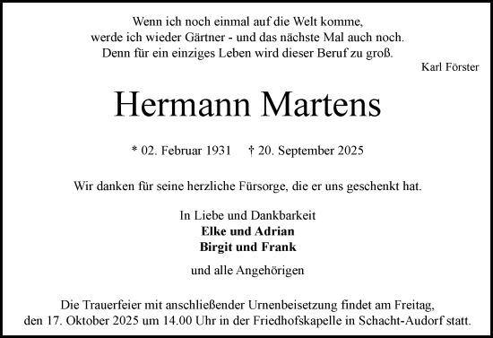 Traueranzeige von Hermann Martens von Schleswig-Holsteinische Landeszeitung