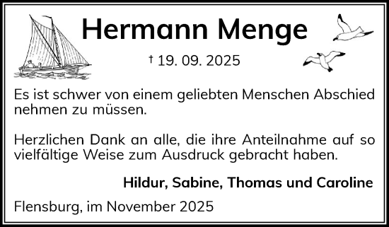Traueranzeige von Hermann Menge von Flensburger Tageblatt