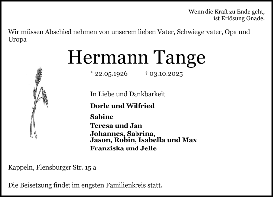 Traueranzeige von Hermann Tange von Schleswiger Nachrichten, Schlei-Bote
