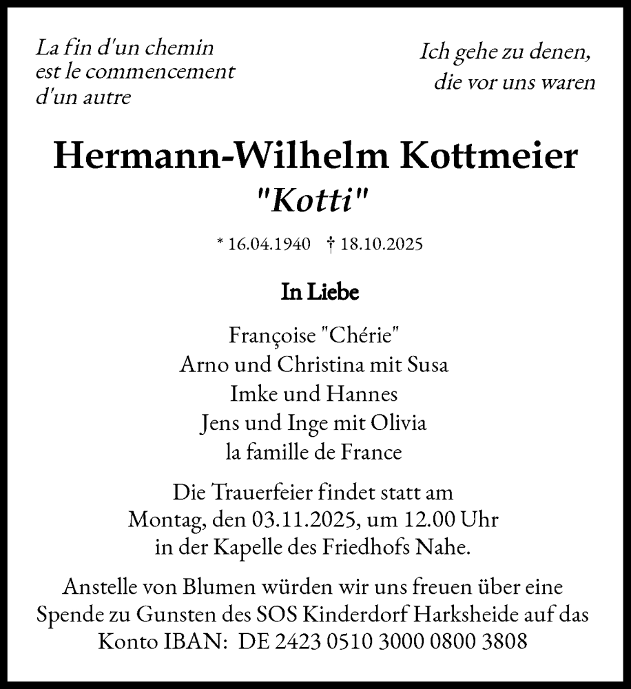  Traueranzeige für Hermann-Wilhelm Kottmeier vom 25.10.2025 aus MARKT Ahrensburg/Bargteheide/Trittau und Stormarner Tageblatt