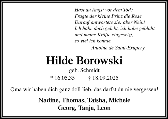 Traueranzeige von Hilde Borowski von MARKT Ratzeburg/Mölln
